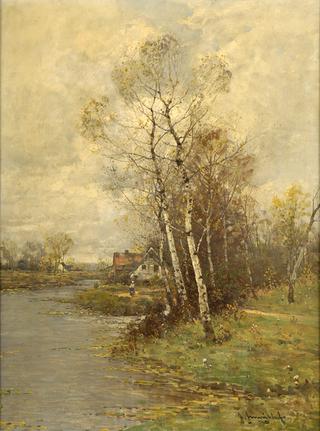River Landscape with Village View
