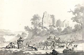 A Herdsman with Livestock and Passing Travelers in a Southern Landscape with an Ancient Ruin
