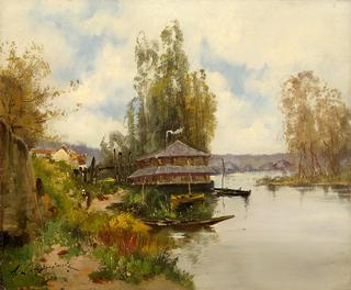 River landscape with boat house