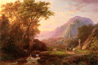 A Mountainous Summer Landscape with Cattle and a Church beyond