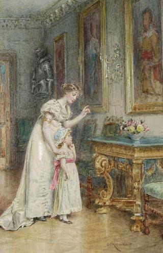 Mother and child in a picture gallery