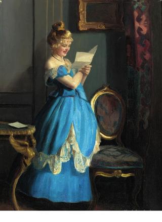 A lady in an interior reading a letter