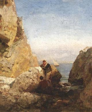 Fisherwoman at an South-Italian rocky Shore