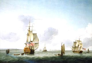 一艘双层船和一艘护卫舰从格雷夫斯端驶入泰晤士河