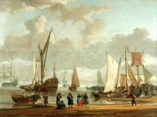 Coast Scene with Shipping Anchored Offshore and Figures on a Beach in the Foreground