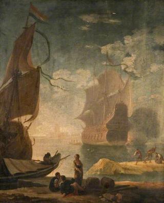 Harbour Scene with Man-of-War and Figures on a Quay