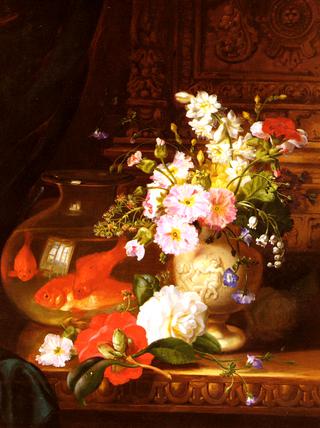 Still Life With Camellias, Primroses And Lily Of The Valley In An Urn By A Goldfish Bowl