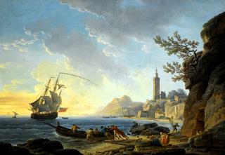A Coastal Scene with a Lighthouse on the Cliffs and Fishermen