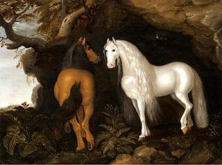 Two Horses Standing in a Wooded Landscape, before a Cave