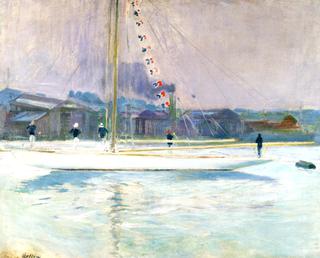 Bedecked Yacht Entering Port