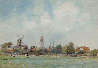 View of Delft with the New Church and a windmill