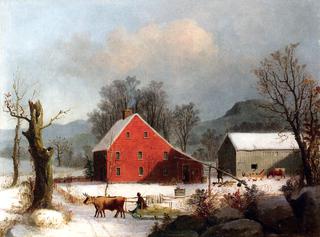 Winter Farmyard with Ox-Drawn Sledge