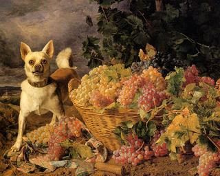 A Dog by a Basket of Grapes in a Landscape