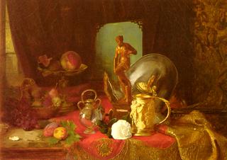 A Still Life with Fruit, Objets d'Art and a White Rose on a Table