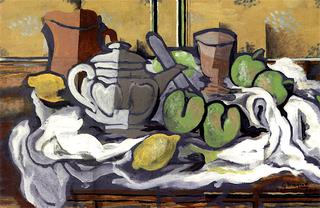 Teapot, Jug, Glass and Fruit