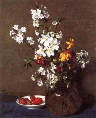 Vase of Flowers with a Plate of Strawberries