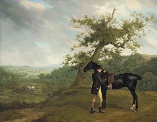 George Irving with his black hunter beneath a blasted oak