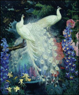 White Peacocks and Hollyhocks