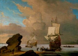 Seascape:  Ships and Boats in a Calm off a Rocky Shore