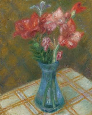 Gladiolas in a Green Glass Vase