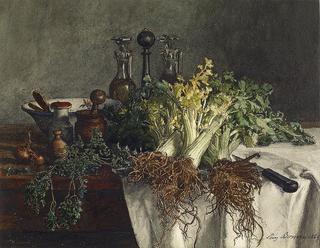 厨房餐桌上的静物画，有芹菜、欧芹、碗和拐杖