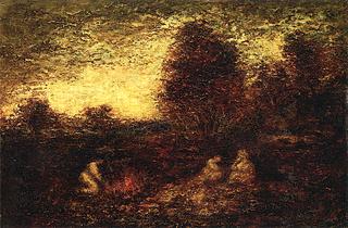 Indian Encampment / Three Figures, Campfire and Tents