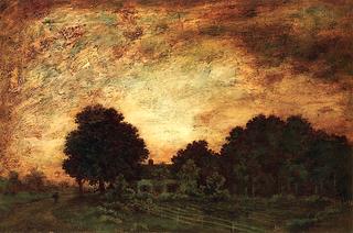 Sunset with Figure on a road by a Garden