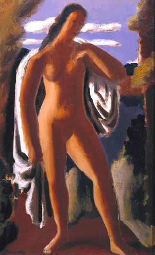 裸体站立在风景中的女性