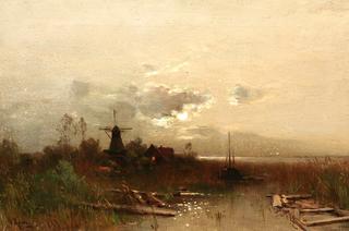 Landscape with windmill in the moonlight
