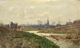 River landscape with horse cart
