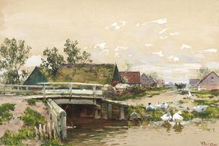 Landscape with Geese on the Riverbank