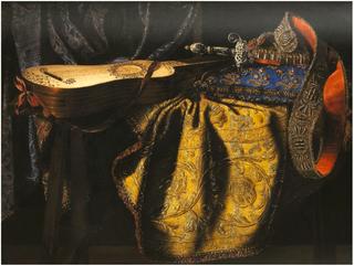 Still life with tapestry, pillow, guitar and sword