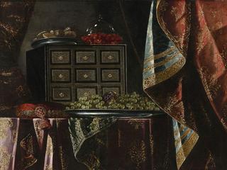 Still Life of a Chest, Fruit and Other Objects on a Brocade Draped Table