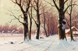 Snowy alley and village houses