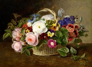 Flower Still-life with Roses, Winds and Pansies in a Basket