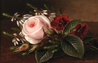 Pink roses and poppies on a wooden ledge