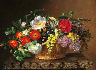 Primulas, lilacs, dog roses, laburnums and peonies in a basket on a marble pedestal