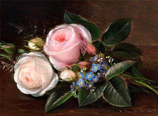 A bunch of roses and forget-me-nots on a sill