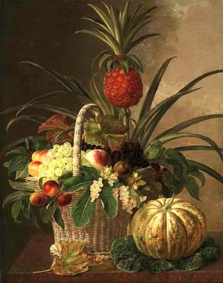 Pineapple, grapes, peaches, nuts, and berries in a basket, on a marble ledge