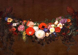 Garland with peonies, roses, poppies, lilacs and laburnum
