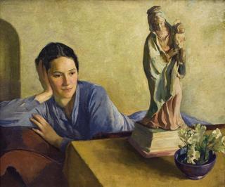 Artist's daughter, Tosca with Madonna statue