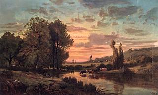 Herder and Cattle Fording a Stream
