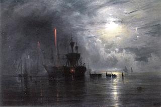 'The Wasp' and 'The Serapis' in Boston Harbor at Night