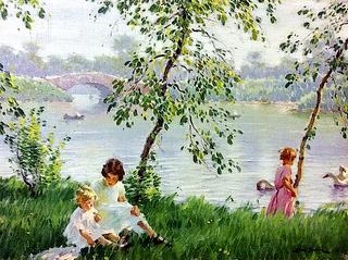 Girls by the River with Swans