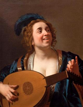 Woman tuning a lute