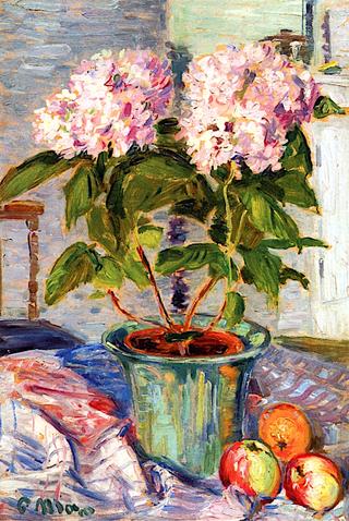 Still Life with Pink Hydrangeas and Fruit