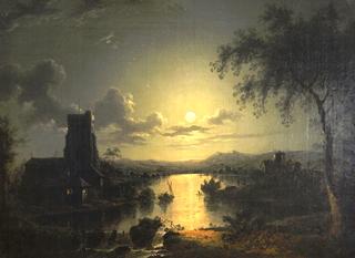 Church on a river by moonlight