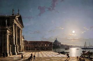 Unloading cargo from the Grand Canal, Venice, by moonlight