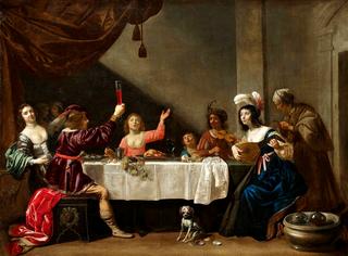 An interior scene with musicians and elegant figures dining