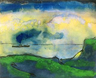 Green Coastal Landscape with Steamship